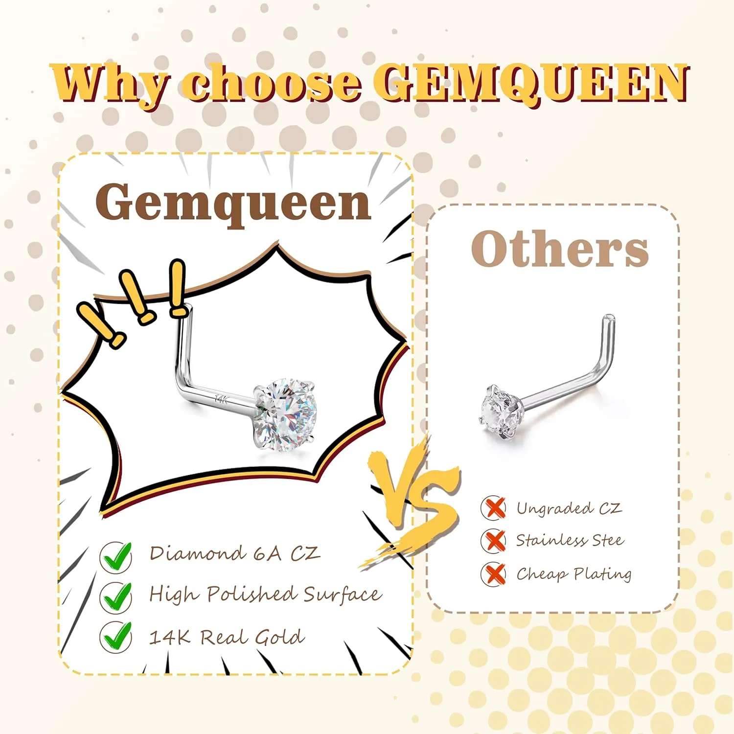 14K Gold Nose Rings Studs : Solid Gold 18G 20G 22G Screw Nose Rings Simulated Diamond CZ Nose Studs Hypoallergenic Nose Piercings for Women Men