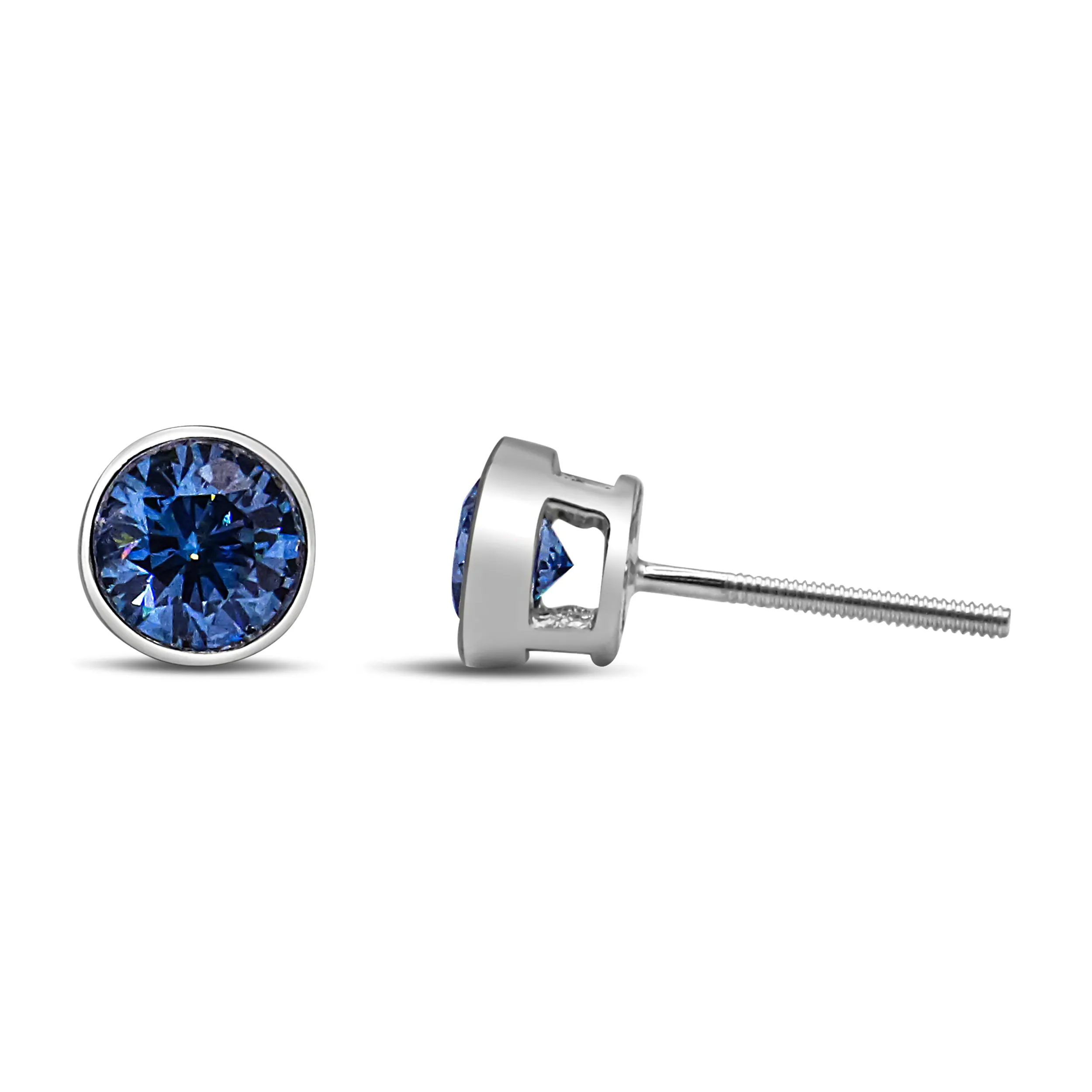 14K White Gold 1.0 Cttw Blue Lab Grown Diamond Screw-Back Classic Bezel Solitaire Stud Earrings