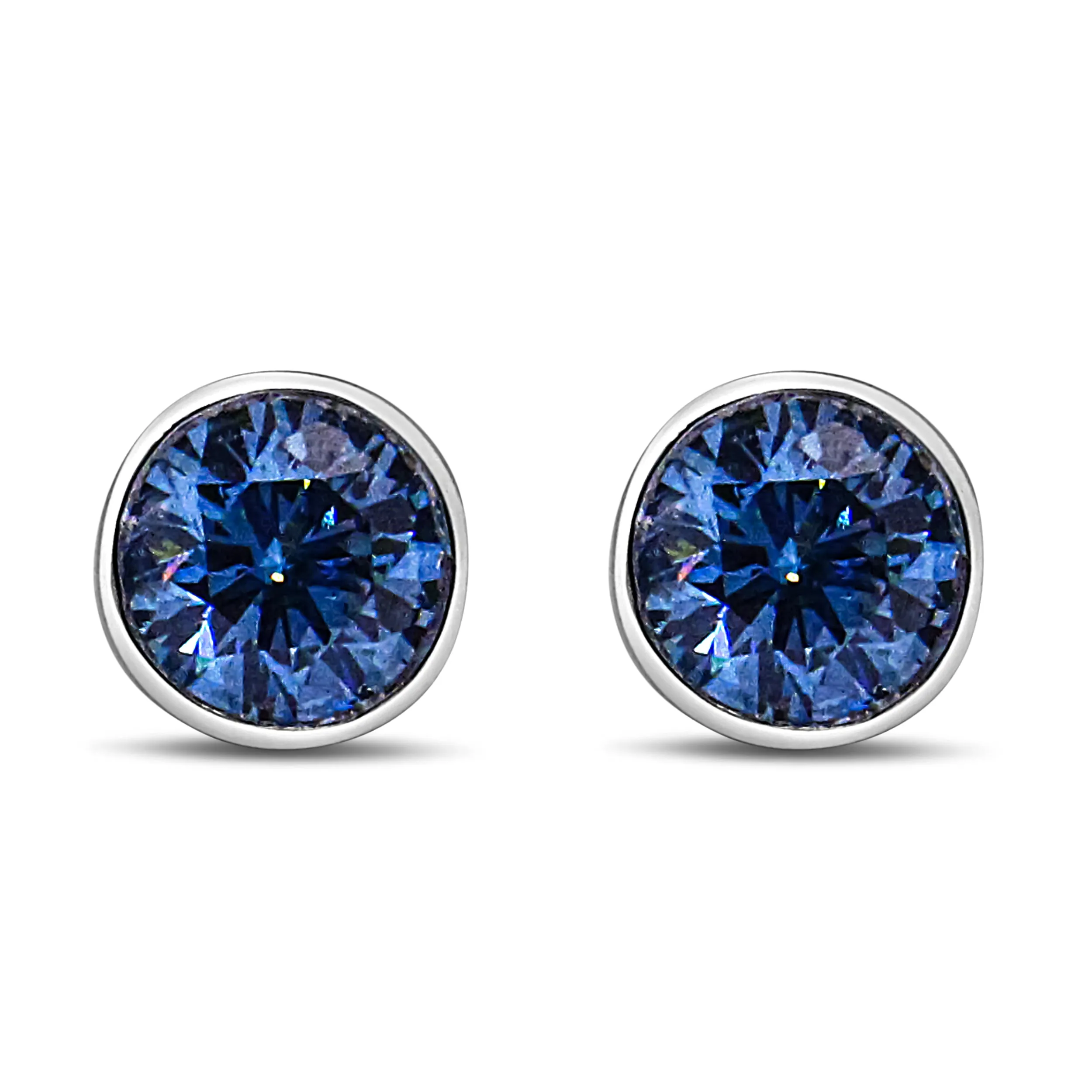14K White Gold 1.0 Cttw Blue Lab Grown Diamond Screw-Back Classic Bezel Solitaire Stud Earrings