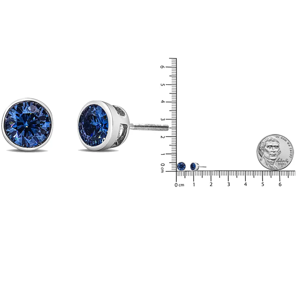 14K White Gold 1.0 Cttw Blue Lab Grown Diamond Screw-Back Classic Bezel Solitaire Stud Earrings