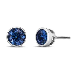 14K White Gold 1.0 Cttw Blue Lab Grown Diamond Screw-Back Classic Bezel Solitaire Stud Earrings