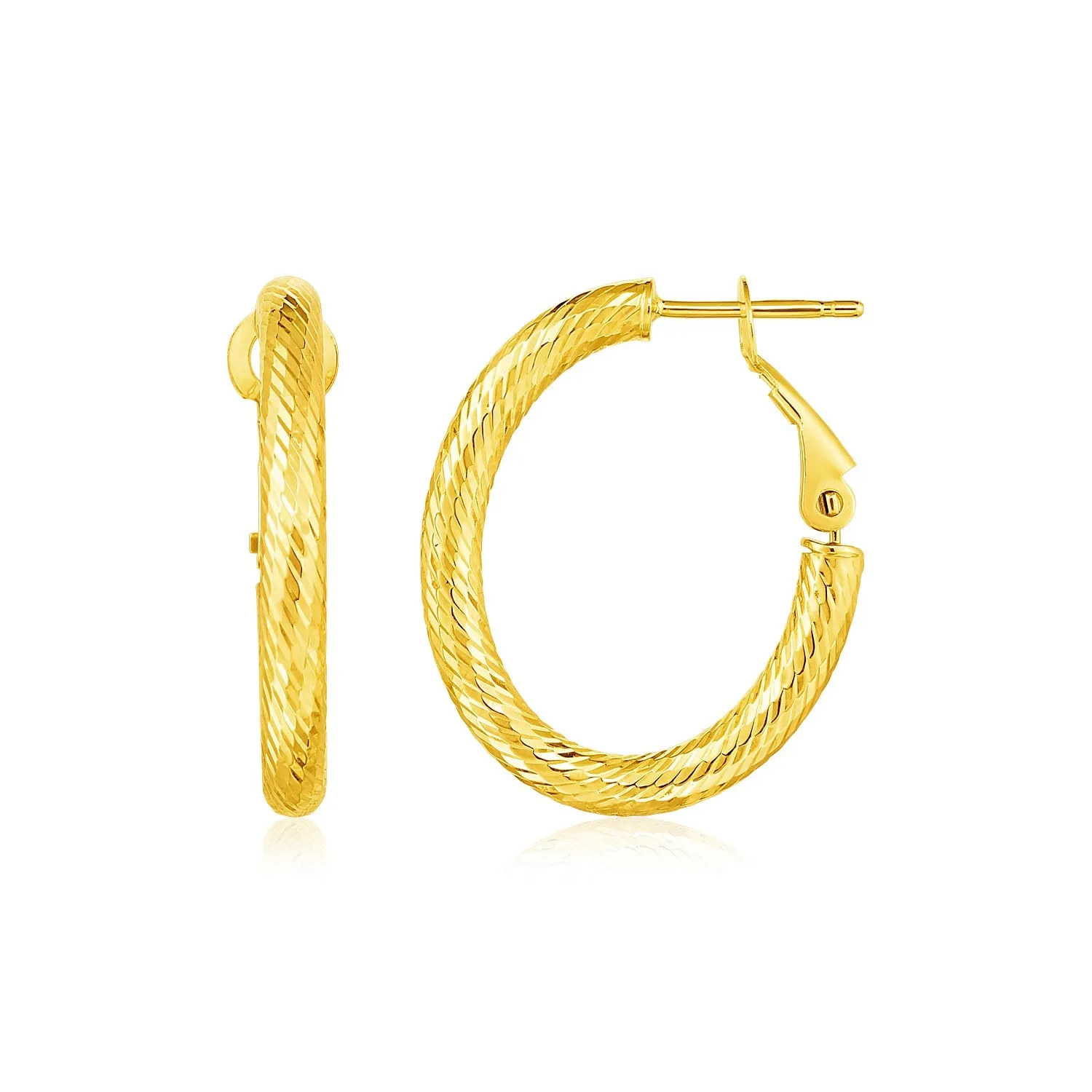 14k Yellow Gold Petite Textured Oval Hoop Earrings-rx38976