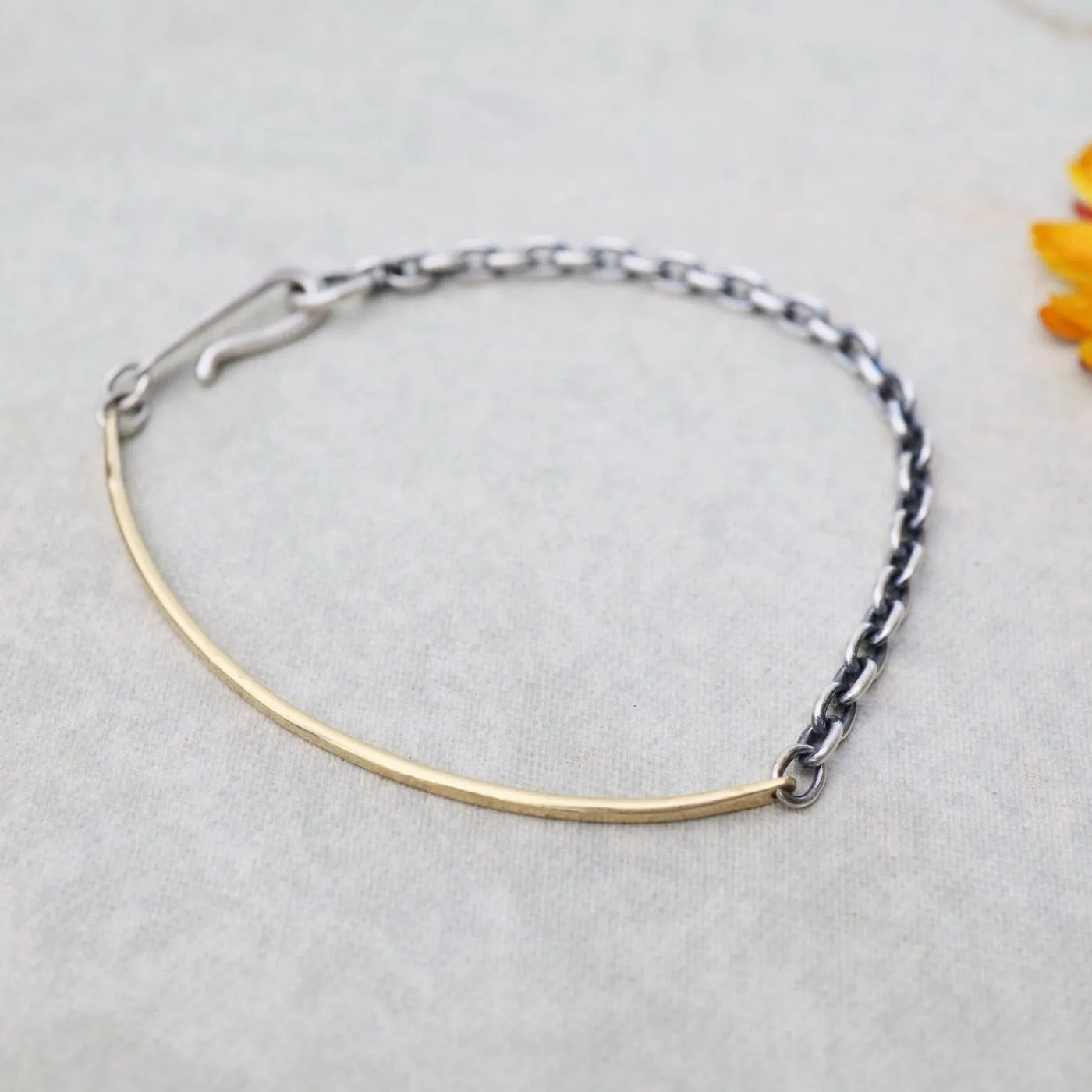 18k Gold Textured Bar Mixed Metal Bracelet