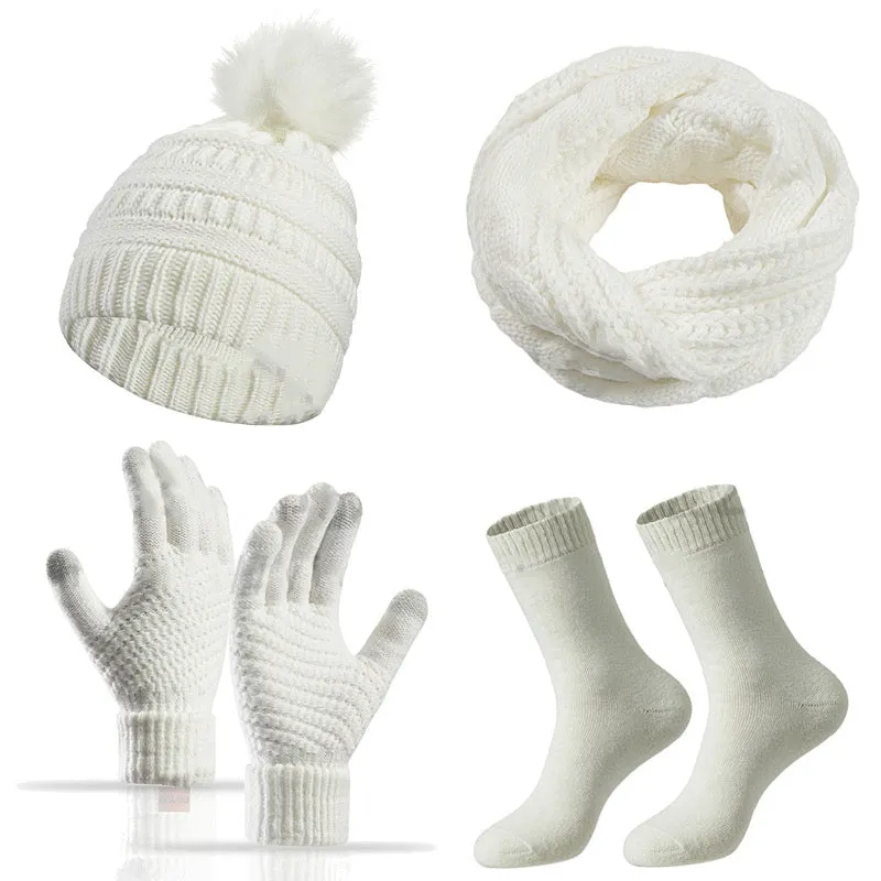 4 PCS Women's Winter Hat Scarf Gloves and Socks Set