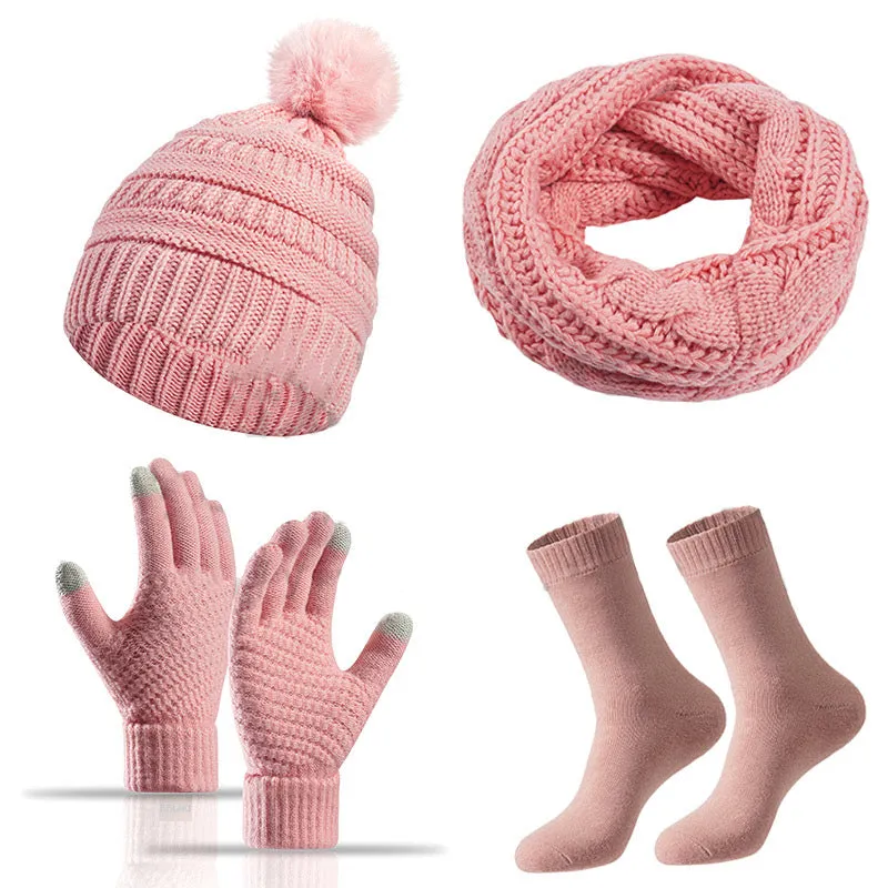 4 PCS Women's Winter Hat Scarf Gloves and Socks Set