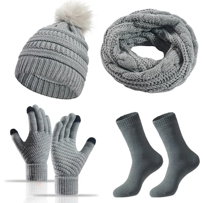 4 PCS Women's Winter Hat Scarf Gloves and Socks Set