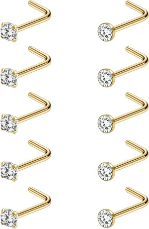 6-10Pcs 18G 20G Nose Ring Surgical Steel Nose Rings Studs Piercing For Women Men 1.5mm 2mm 2.5mm 3mm Round Diamond CZ L Shaped Corkscrew Gold Black Silver Nose Piercing Hypoallergenic