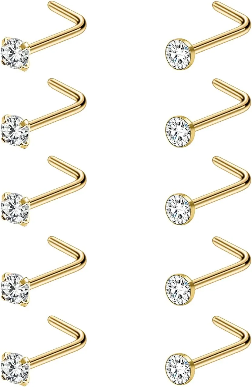 6-10Pcs 18G 20G Nose Ring Surgical Steel Nose Rings Studs Piercing For Women Men 1.5mm 2mm 2.5mm 3mm Round Diamond CZ L Shaped Corkscrew Gold Black Silver Nose Piercing Hypoallergenic