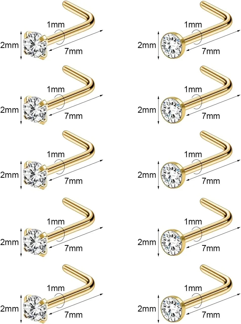6-10Pcs 18G 20G Nose Ring Surgical Steel Nose Rings Studs Piercing For Women Men 1.5mm 2mm 2.5mm 3mm Round Diamond CZ L Shaped Corkscrew Gold Black Silver Nose Piercing Hypoallergenic