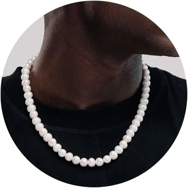 6/8 mm Pearl Necklace For Men Faux Pearl Necklace Men'sNecklaces 16/18/20/22/24 inch Length Pearl Choker Necklace White Pearl Necklace Men Jewelry