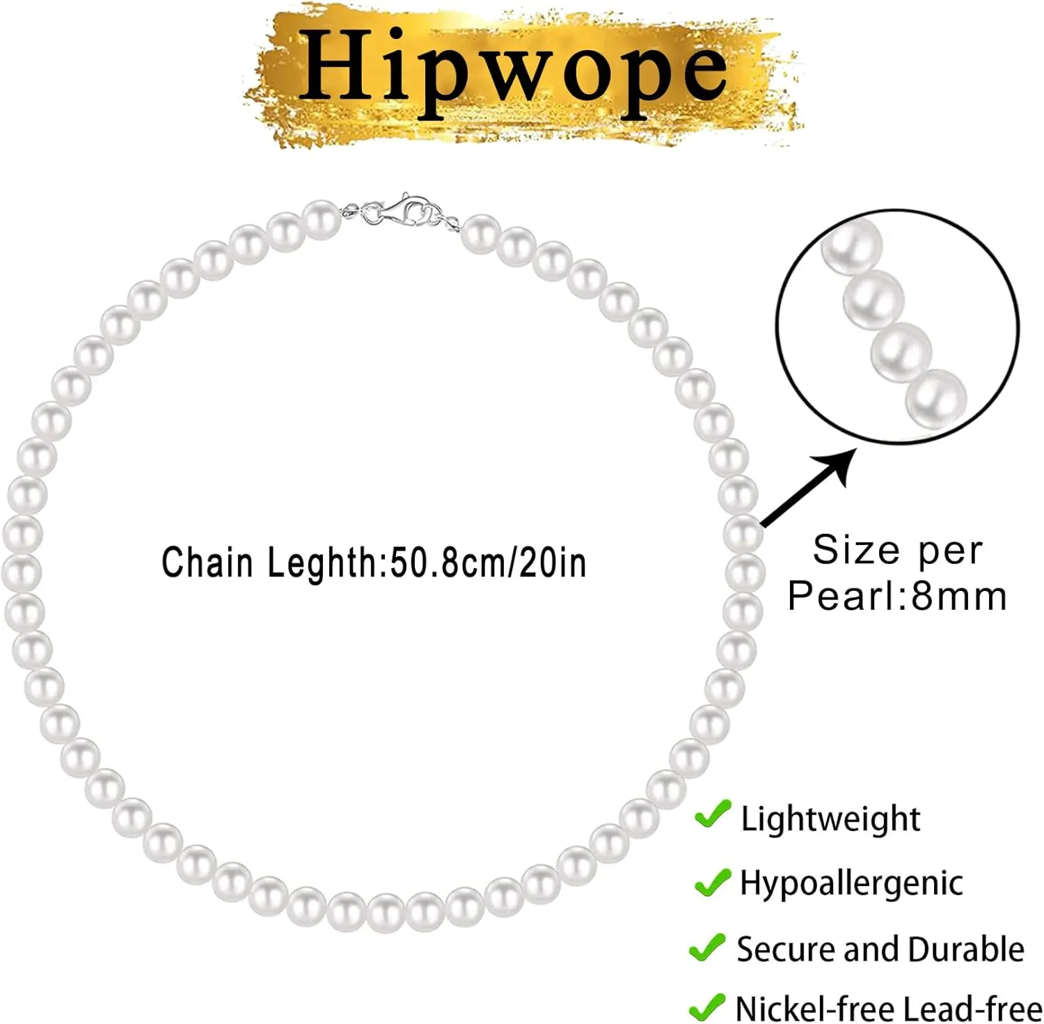 6/8 mm Pearl Necklace For Men Faux Pearl Necklace Men'sNecklaces 16/18/20/22/24 inch Length Pearl Choker Necklace White Pearl Necklace Men Jewelry