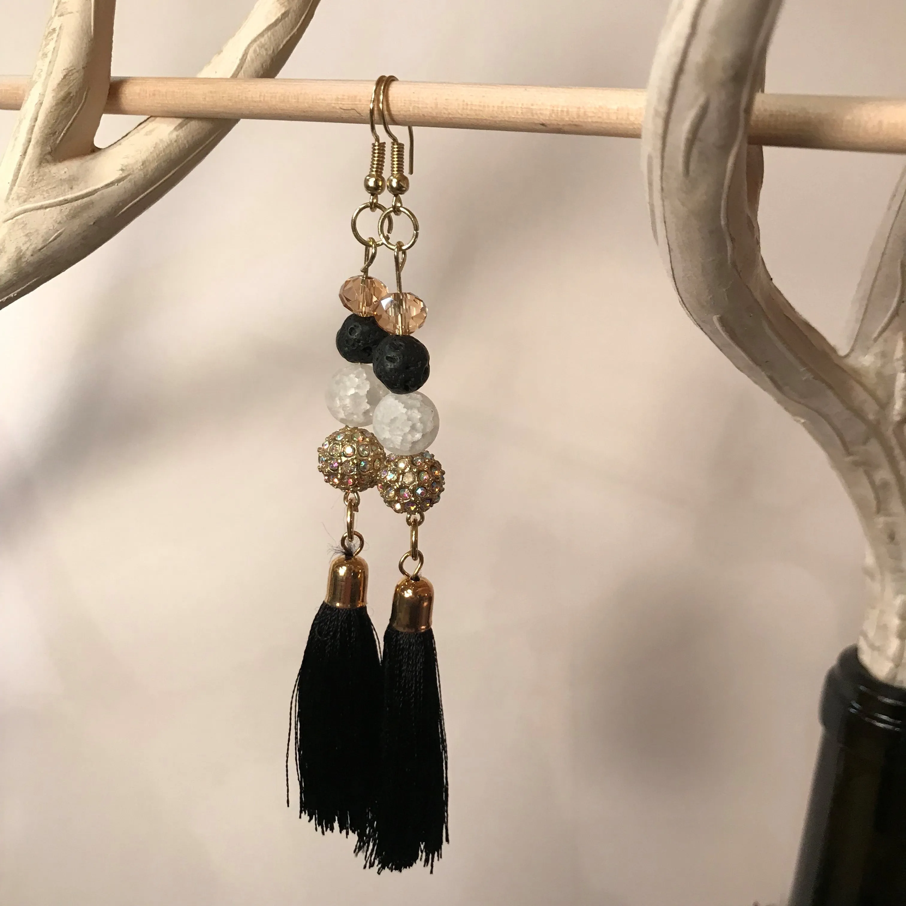 Black Tassel Drop Earrings with Various Stones