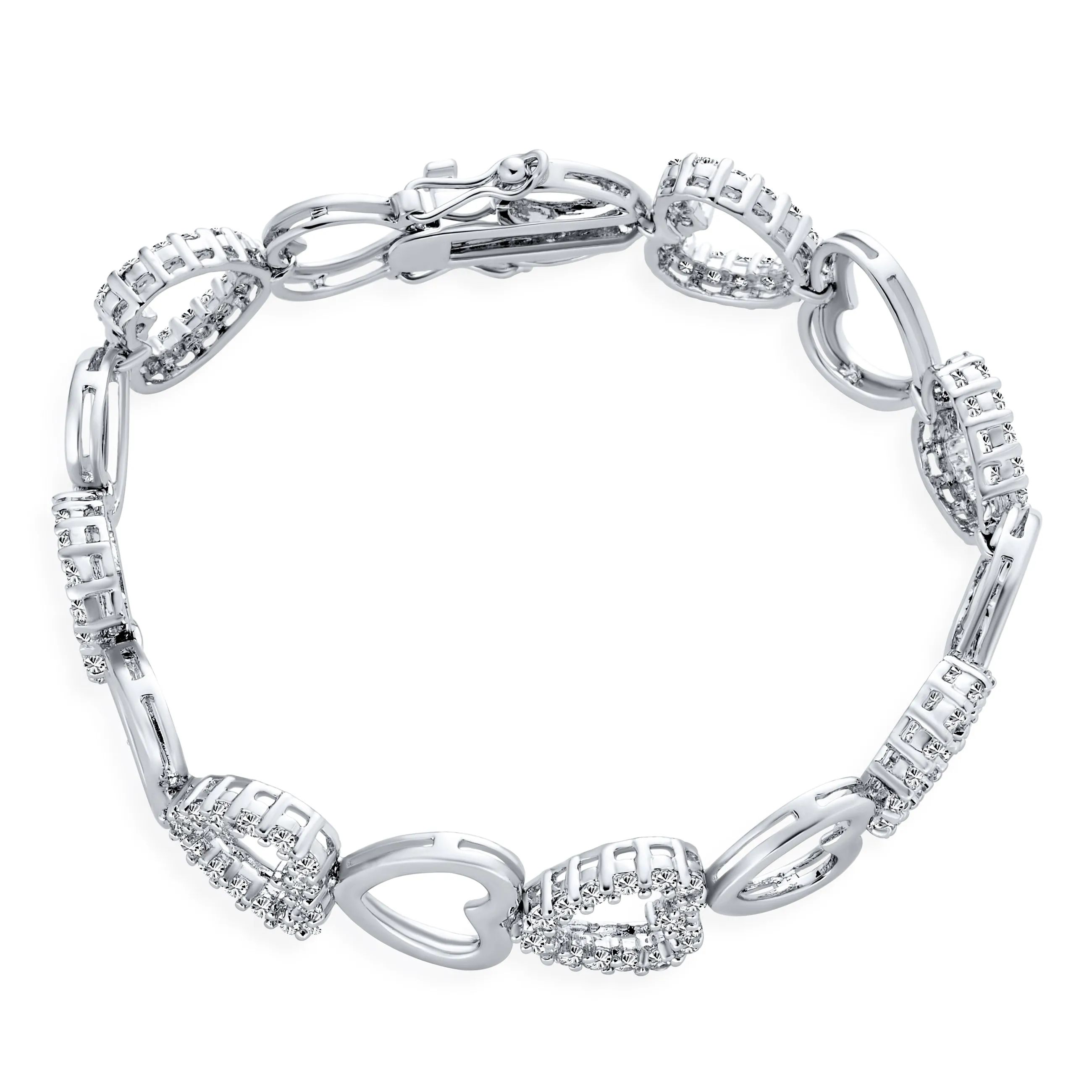 Bridal Tennis Bracelet with Clear Pave CZ and Open Heart Design Rhodium Plated 7 Inch