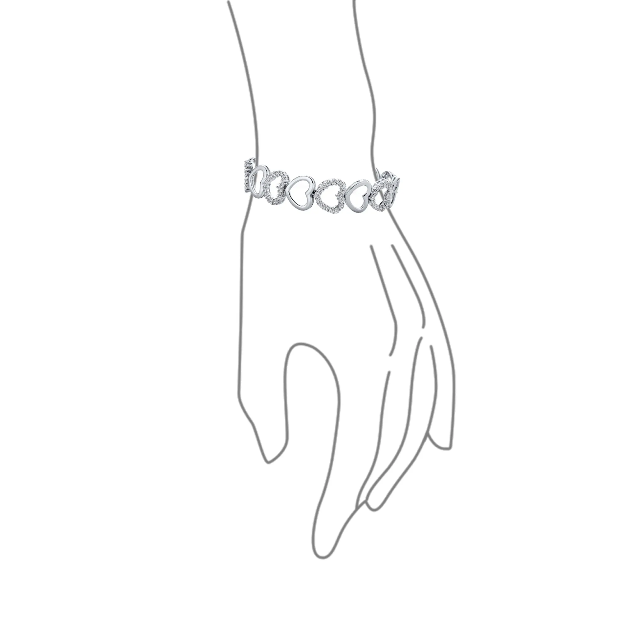 Bridal Tennis Bracelet with Clear Pave CZ and Open Heart Design Rhodium Plated 7 Inch