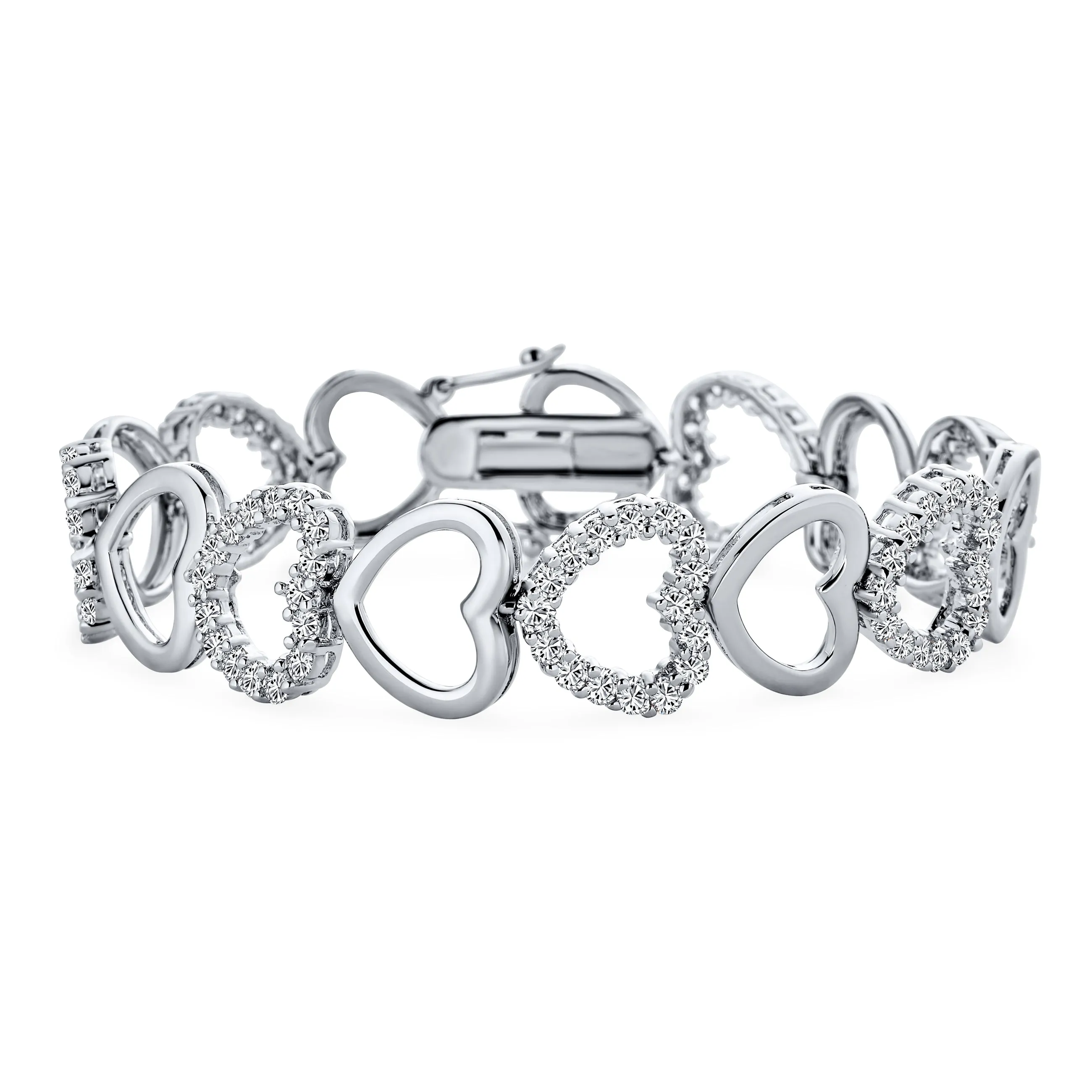 Bridal Tennis Bracelet with Clear Pave CZ and Open Heart Design Rhodium Plated 7 Inch