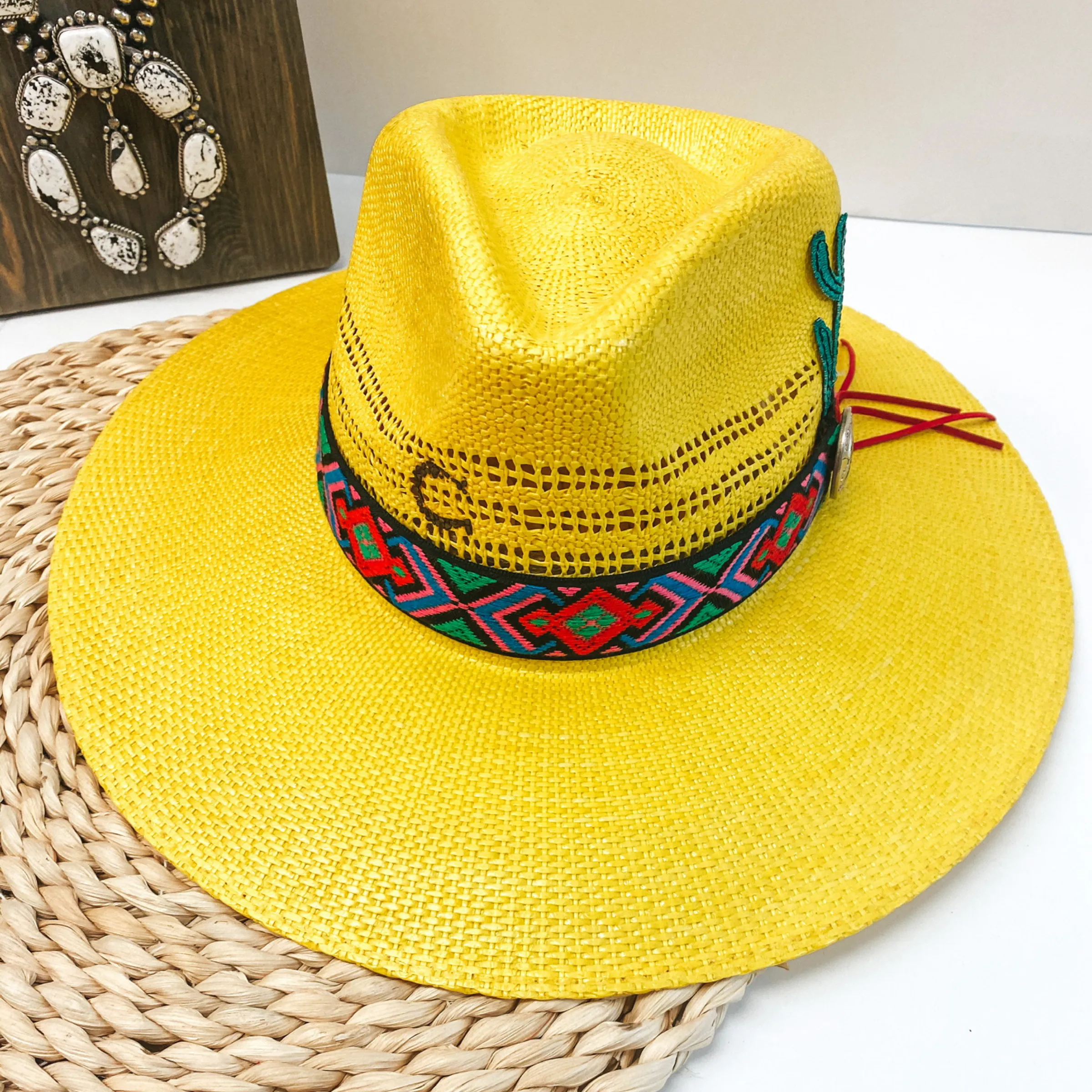 Charlie 1 Horse | Mariachi Stiff Brim Straw Hat with Colorful Design Band, Coin Pendant and Cactus Detailing