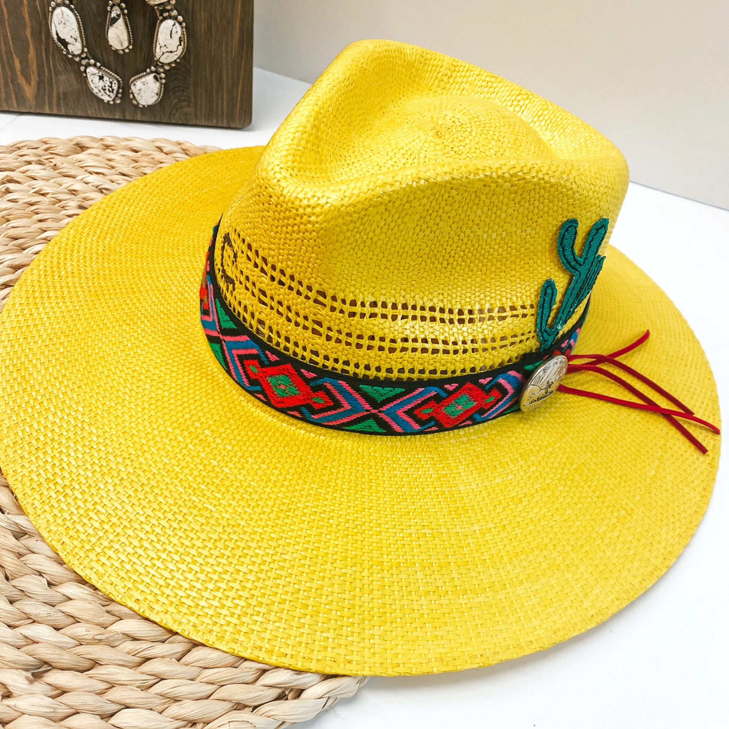 Charlie 1 Horse | Mariachi Stiff Brim Straw Hat with Colorful Design Band, Coin Pendant and Cactus Detailing