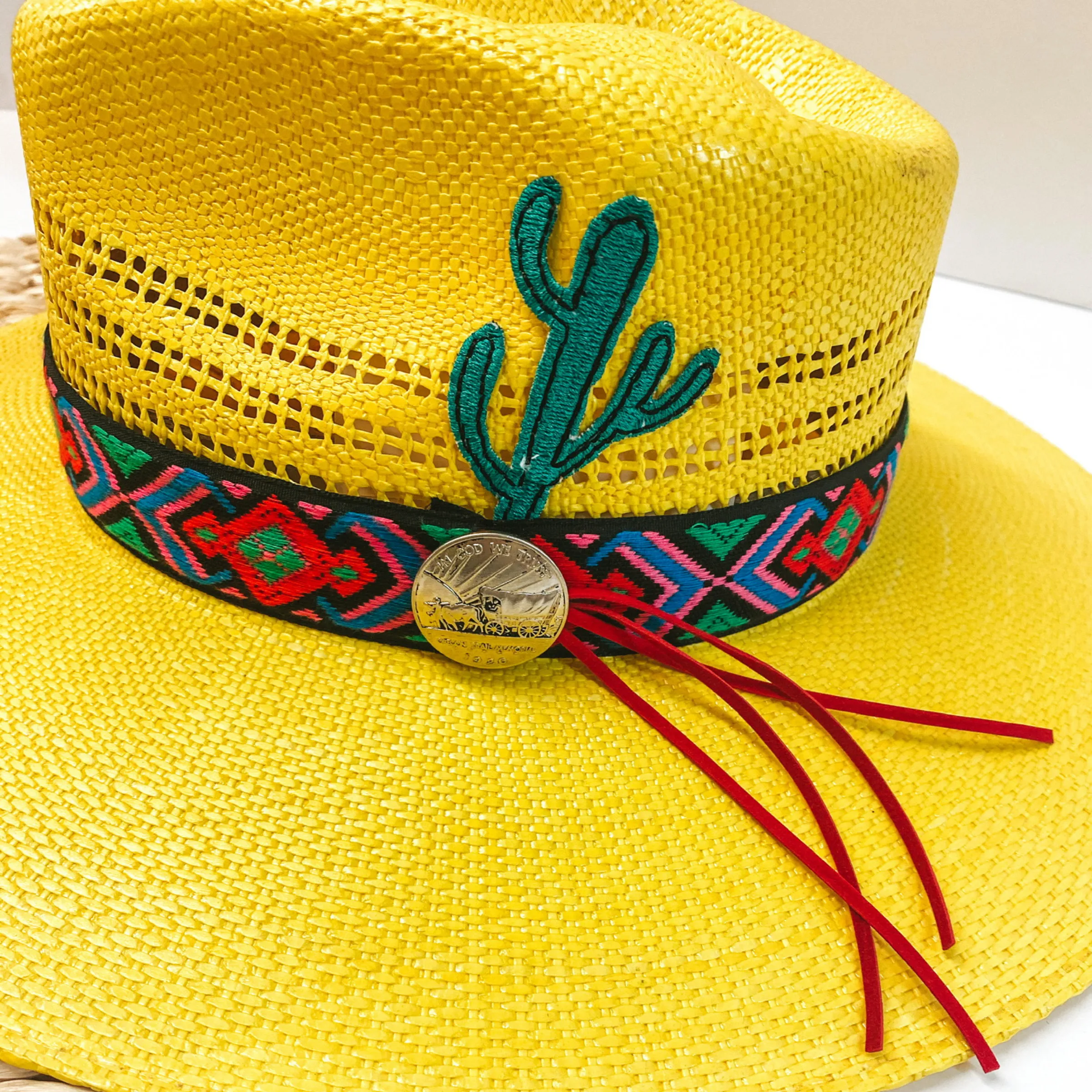Charlie 1 Horse | Mariachi Stiff Brim Straw Hat with Colorful Design Band, Coin Pendant and Cactus Detailing