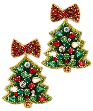 Crystal Christmas Tree & Bow Earrings