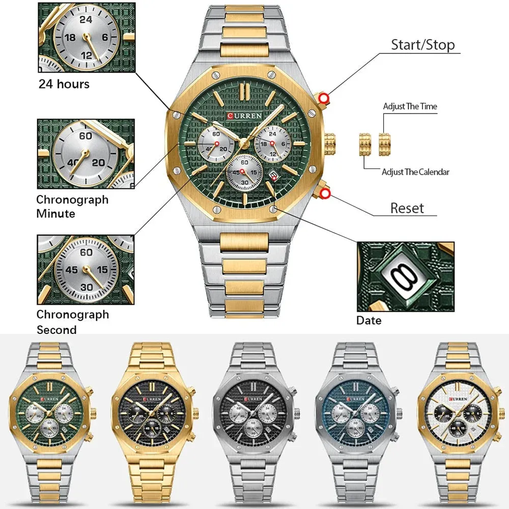 Fashion Casual Stainless Steel Band Quartz Wristwatches with Chronograph Waterproof Men's Watches