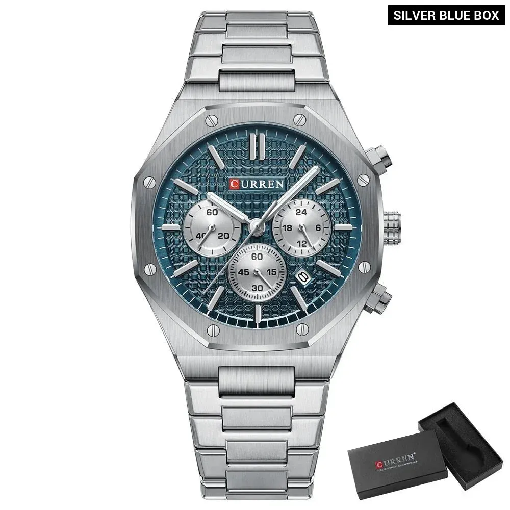 Fashion Casual Stainless Steel Band Quartz Wristwatches with Chronograph Waterproof Men's Watches