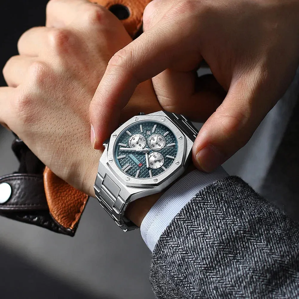 Fashion Casual Stainless Steel Band Quartz Wristwatches with Chronograph Waterproof Men's Watches