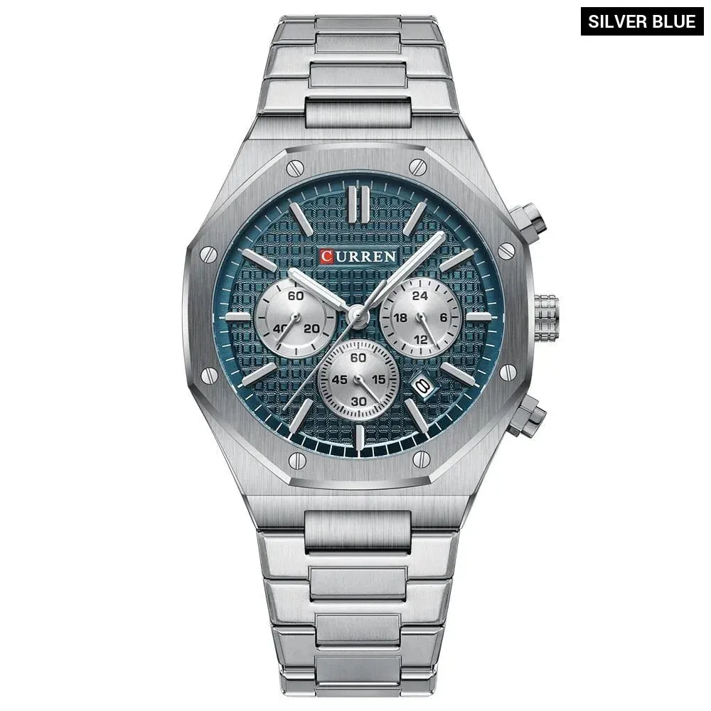 Fashion Casual Stainless Steel Band Quartz Wristwatches with Chronograph Waterproof Men's Watches