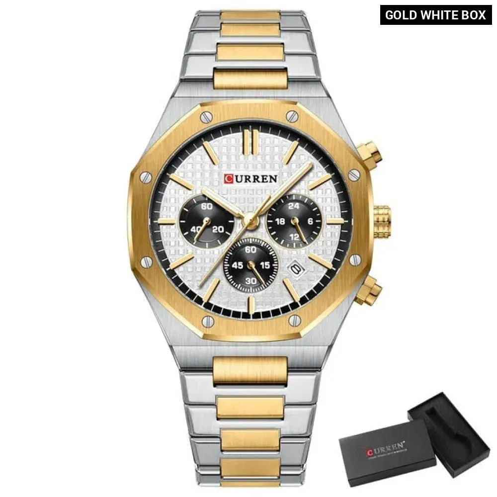 Fashion Casual Stainless Steel Band Quartz Wristwatches with Chronograph Waterproof Men's Watches