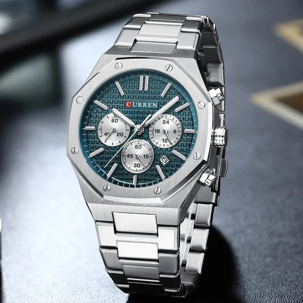 Fashion Casual Stainless Steel Band Quartz Wristwatches with Chronograph Waterproof Men's Watches
