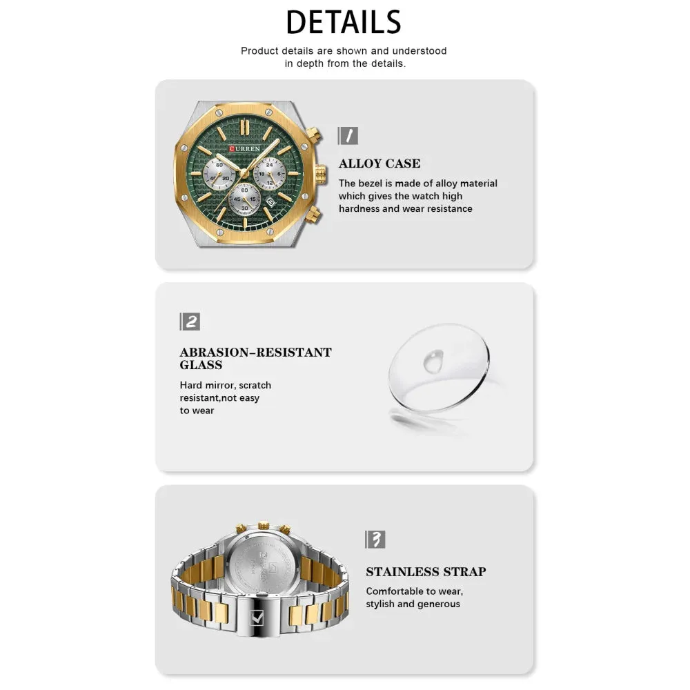 Fashion Casual Stainless Steel Band Quartz Wristwatches with Chronograph Waterproof Men's Watches