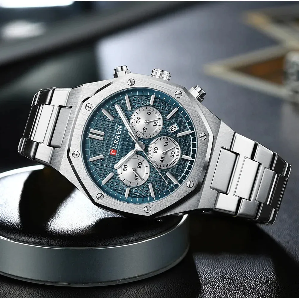 Fashion Casual Stainless Steel Band Quartz Wristwatches with Chronograph Waterproof Men's Watches