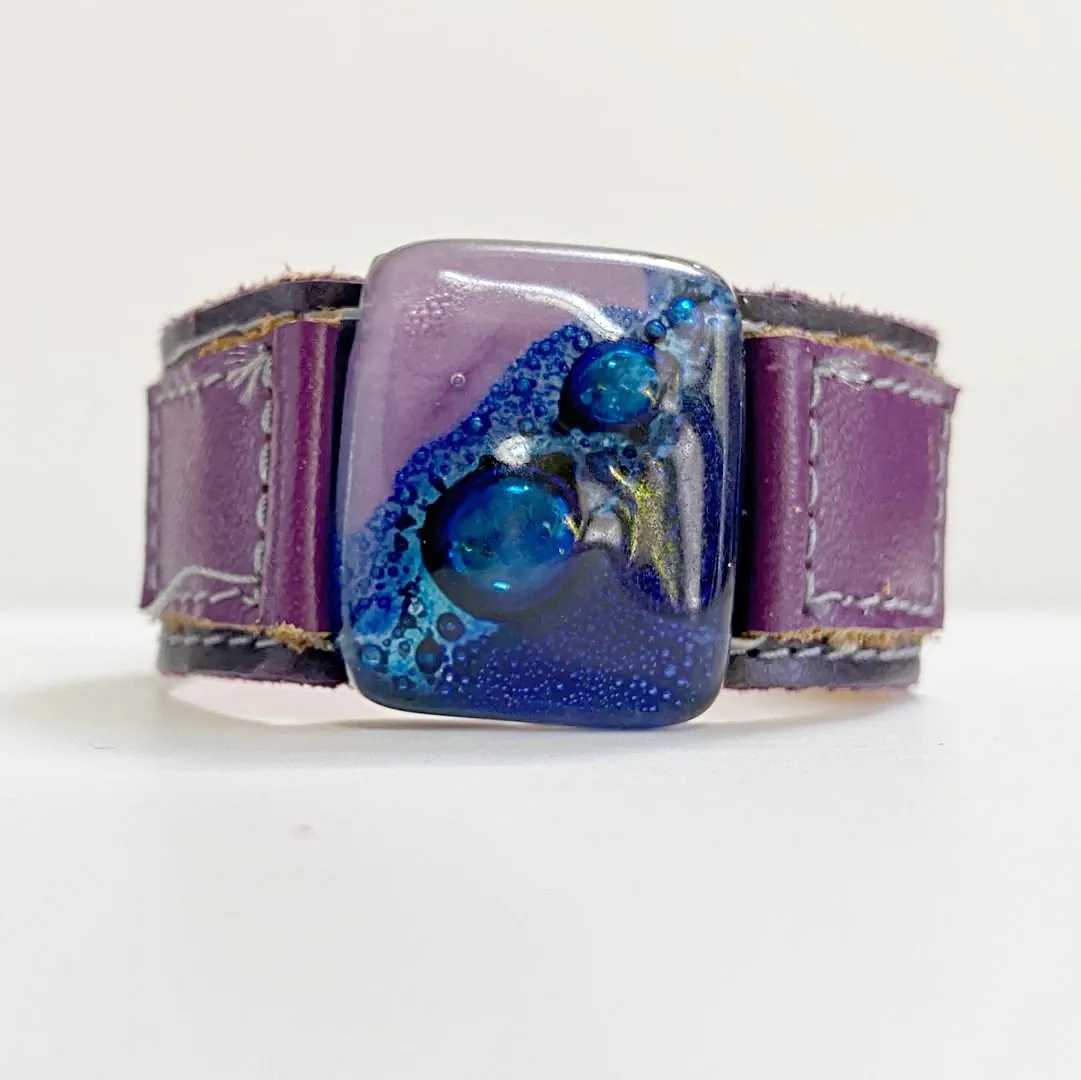 Handmade Leather Cuff with Recycled Fused Glass - Narrow