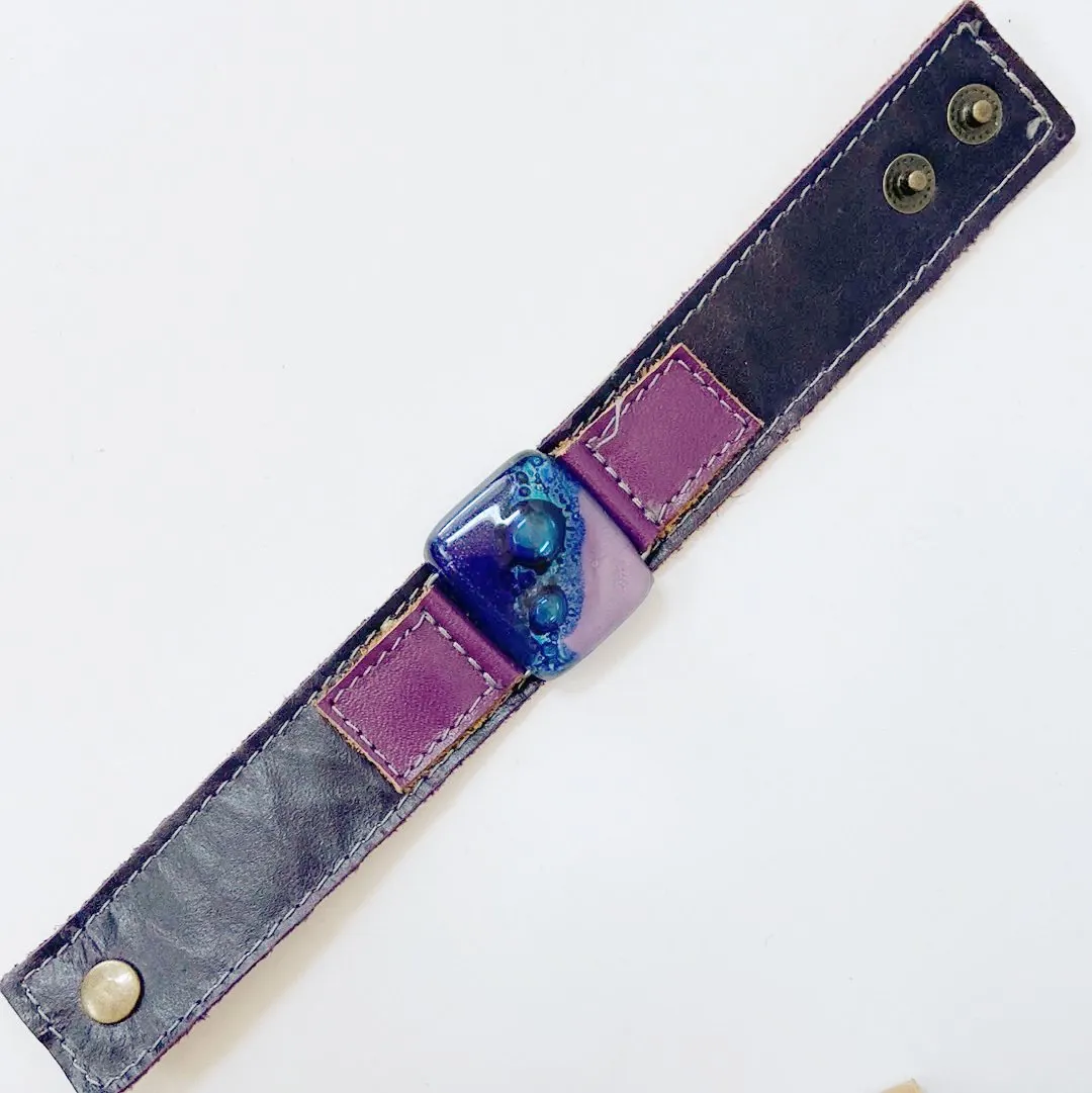 Handmade Leather Cuff with Recycled Fused Glass - Narrow