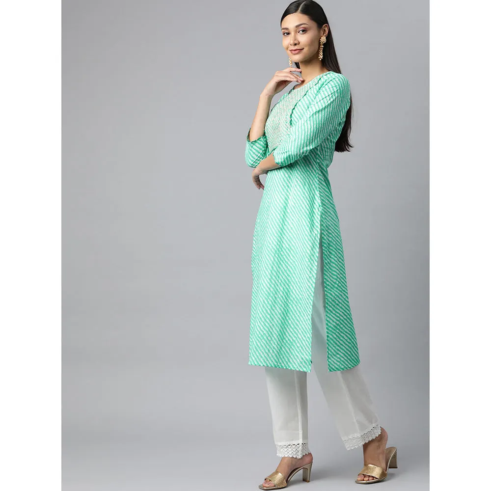 Hatheli Women Sea Green Leheriya Embroidered Kurta