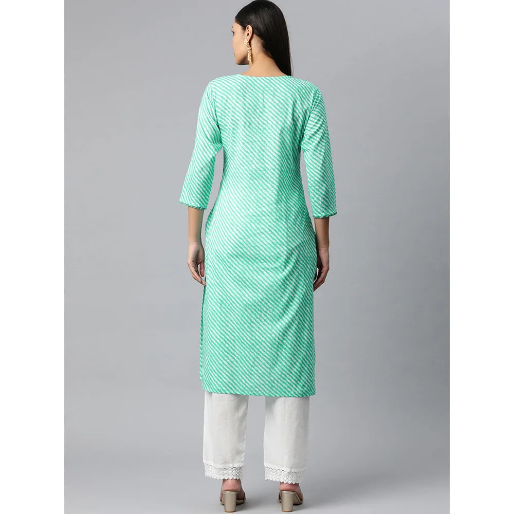 Hatheli Women Sea Green Leheriya Embroidered Kurta