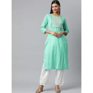 Hatheli Women Sea Green Leheriya Embroidered Kurta