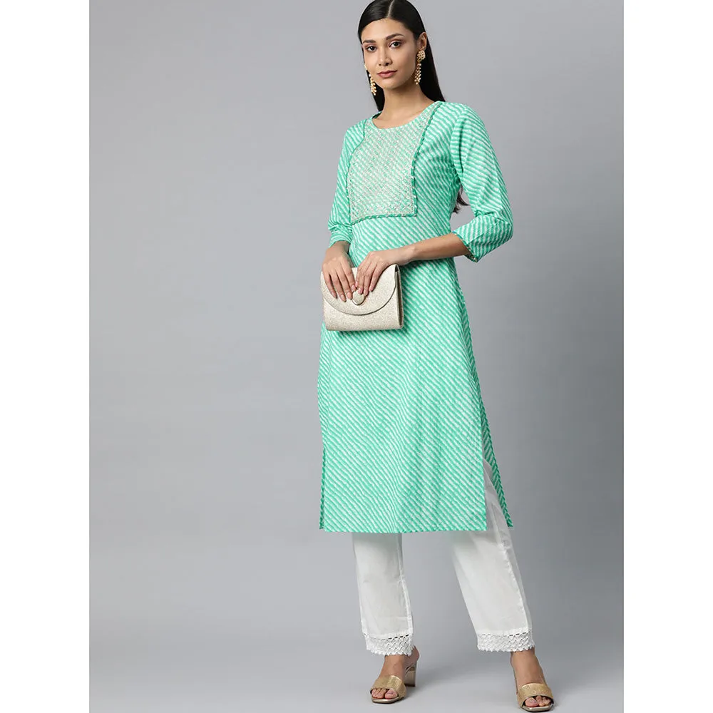 Hatheli Women Sea Green Leheriya Embroidered Kurta