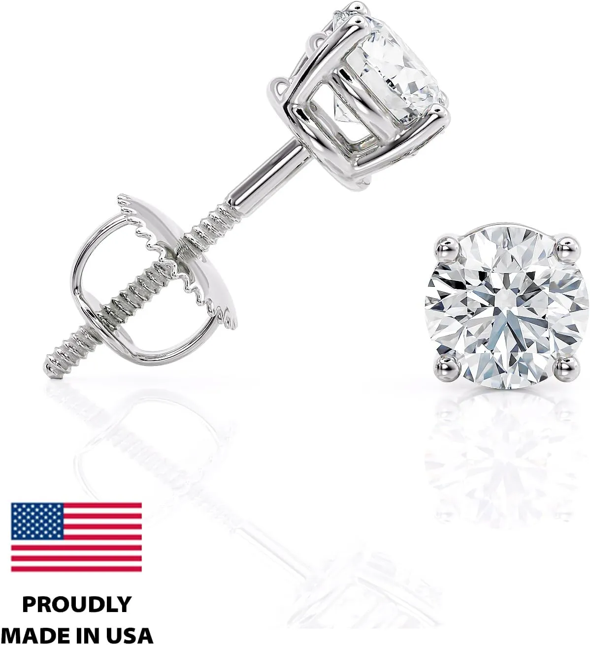 IGI Certified 1 to 2 Carat Natural Diamond Stud Earrings for Women - 14k White Gold Earrings for Her - (H-I, I1-I2, cttw) 4-Prong Basket - Screw Back Studs Made in USA by Beverly Hills Jewelers