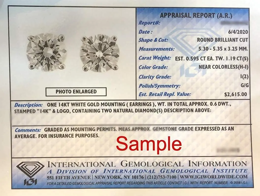 IGI Certified 1 to 2 Carat Natural Diamond Stud Earrings for Women - 14k White Gold Earrings for Her - (H-I, I1-I2, cttw) 4-Prong Basket - Screw Back Studs Made in USA by Beverly Hills Jewelers