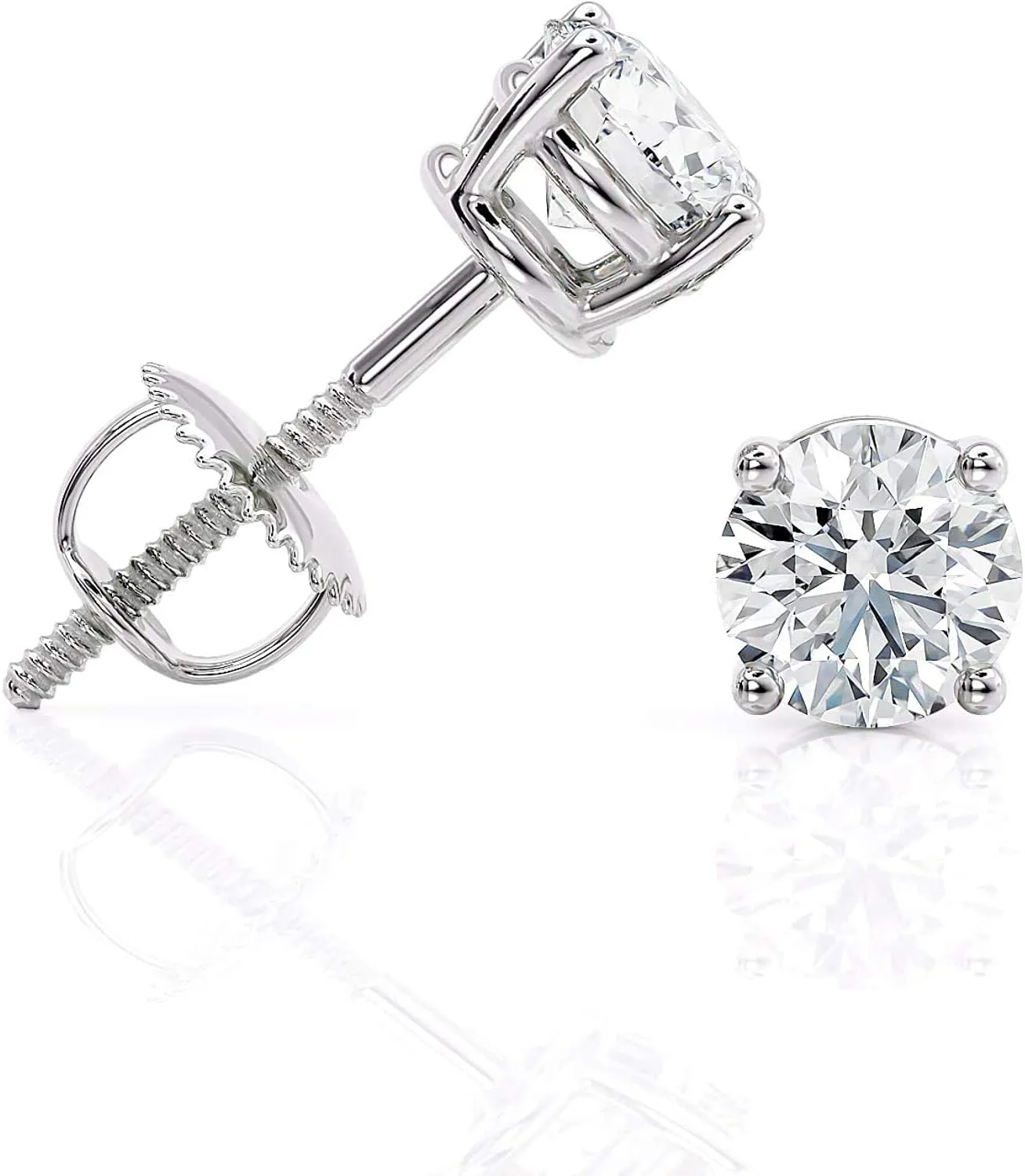 IGI Certified 1 to 2 Carat Natural Diamond Stud Earrings for Women - 14k White Gold Earrings for Her - (H-I, I1-I2, cttw) 4-Prong Basket - Screw Back Studs Made in USA by Beverly Hills Jewelers