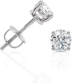 IGI Certified 1 to 2 Carat Natural Diamond Stud Earrings for Women - 14k White Gold Earrings for Her - (H-I, I1-I2, cttw) 4-Prong Basket - Screw Back Studs Made in USA by Beverly Hills Jewelers