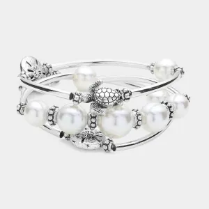 iLLASPARKZ 3PCS - Antique Metal Sea Turtle Sand Dollar Pointed Pearl Stretch Multi Layered Bracelets