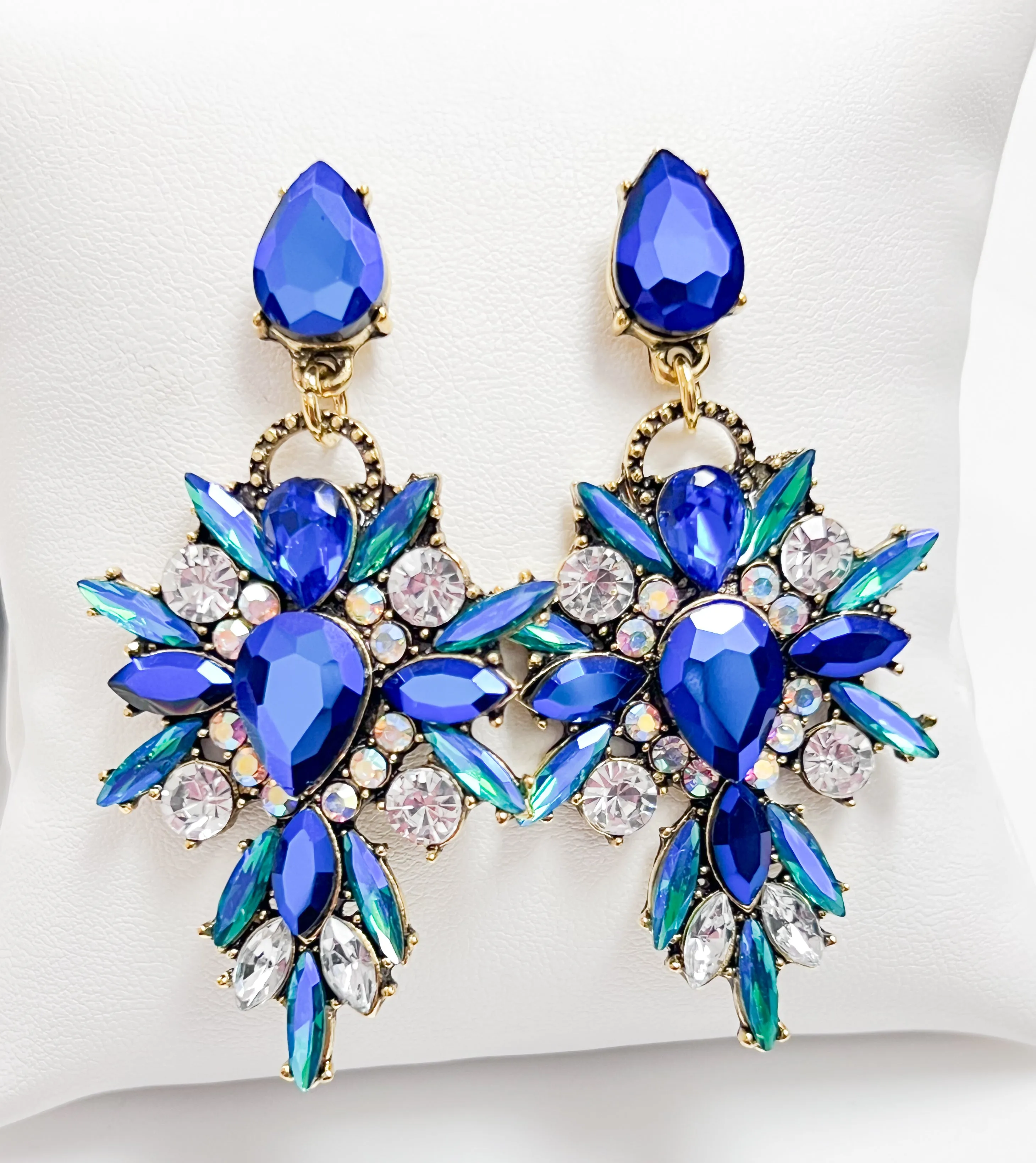 Jasmine - Rhinestone Statement Earrings (Royal Blue Iridescent)