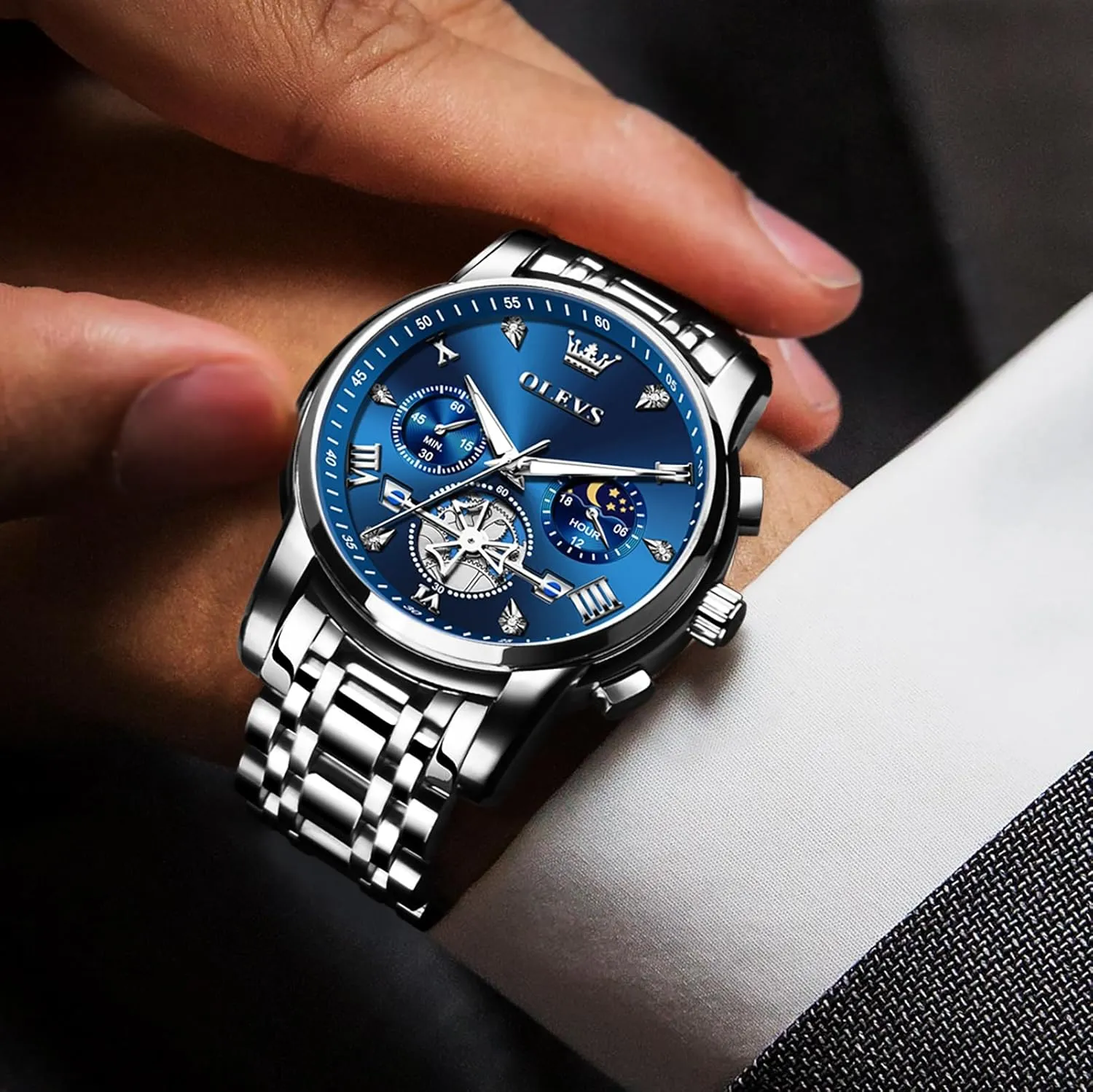 OLEVS Men's Stainless Steel Chronograph Watch, Large Face Easy to Read Roman Numerals Diamond Accented Analog Dress Watches for Men, Elegant Waterproof Luminous Male Quartz Wristwatch
