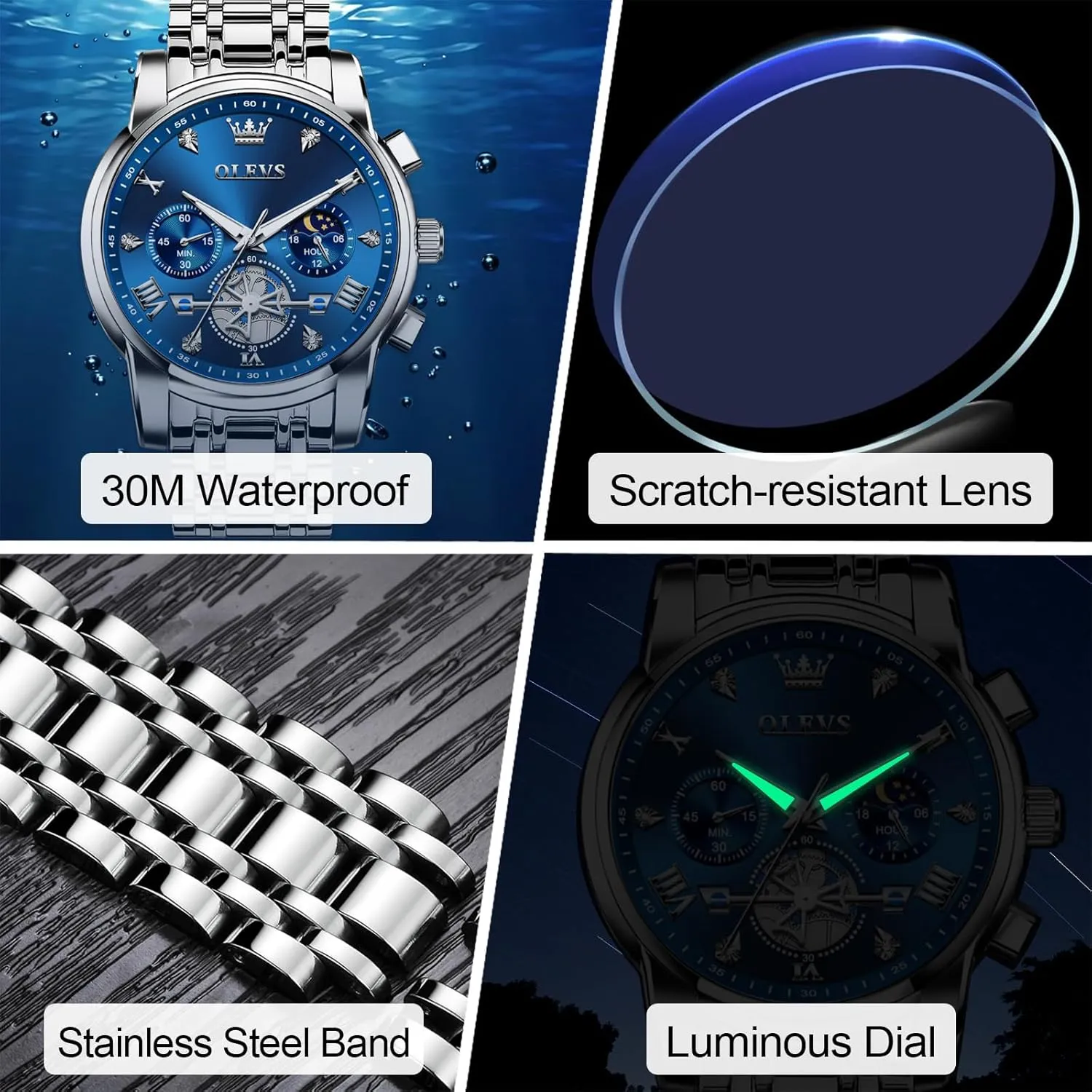 OLEVS Men's Stainless Steel Chronograph Watch, Large Face Easy to Read Roman Numerals Diamond Accented Analog Dress Watches for Men, Elegant Waterproof Luminous Male Quartz Wristwatch