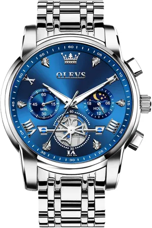 OLEVS Men's Stainless Steel Chronograph Watch, Large Face Easy to Read Roman Numerals Diamond Accented Analog Dress Watches for Men, Elegant Waterproof Luminous Male Quartz Wristwatch