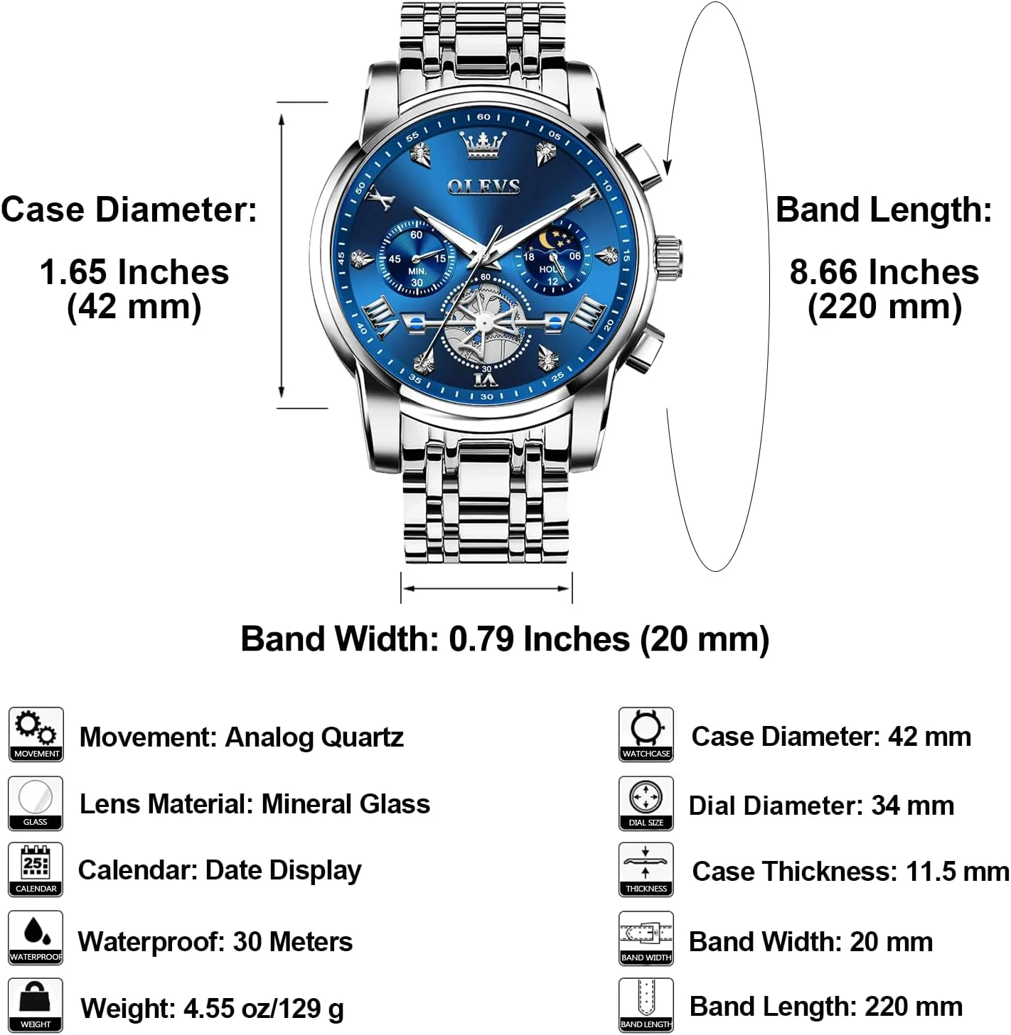 OLEVS Men's Stainless Steel Chronograph Watch, Large Face Easy to Read Roman Numerals Diamond Accented Analog Dress Watches for Men, Elegant Waterproof Luminous Male Quartz Wristwatch