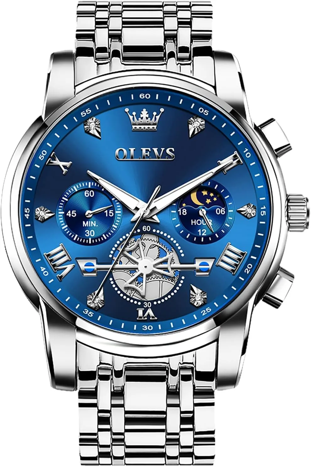 OLEVS Men's Stainless Steel Chronograph Watch, Large Face Easy to Read Roman Numerals Diamond Accented Analog Dress Watches for Men, Elegant Waterproof Luminous Male Quartz Wristwatch