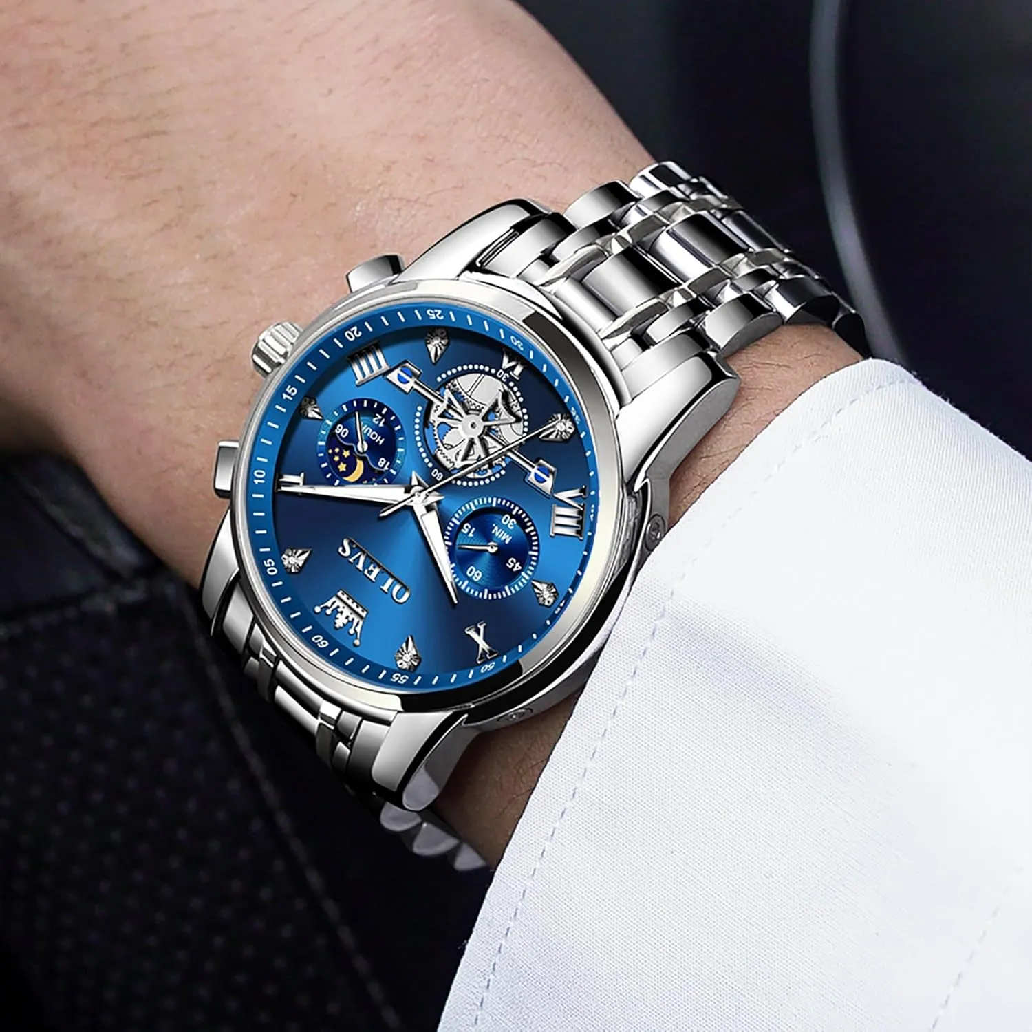OLEVS Men's Stainless Steel Chronograph Watch, Large Face Easy to Read Roman Numerals Diamond Accented Analog Dress Watches for Men, Elegant Waterproof Luminous Male Quartz Wristwatch
