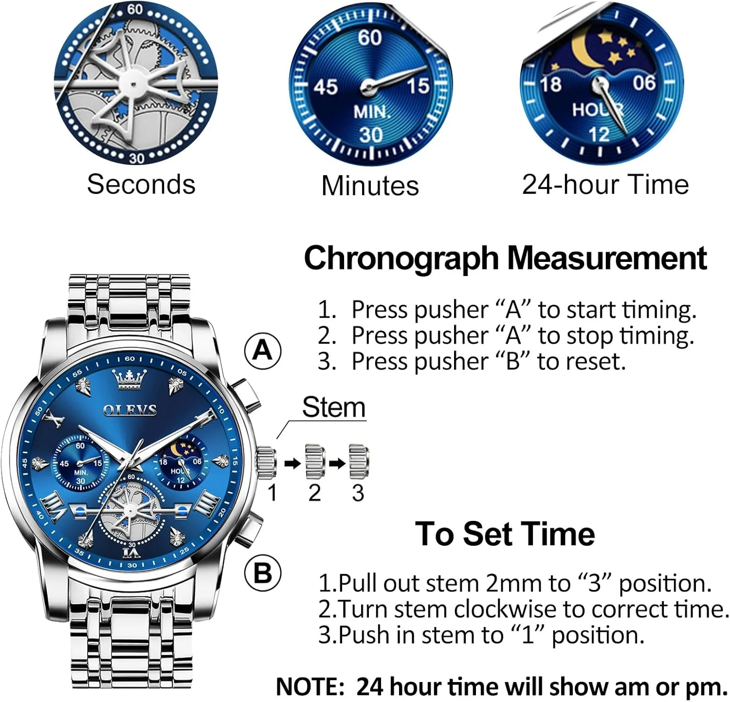 OLEVS Men's Stainless Steel Chronograph Watch, Large Face Easy to Read Roman Numerals Diamond Accented Analog Dress Watches for Men, Elegant Waterproof Luminous Male Quartz Wristwatch